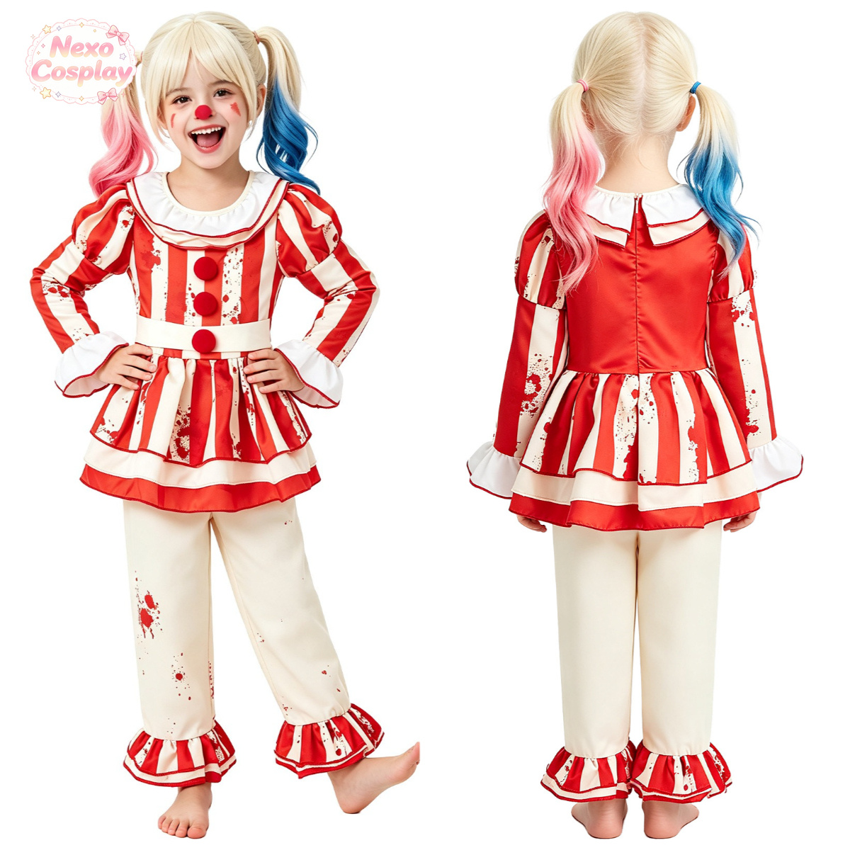 Anime Cosplay Kid - Детский красно-белый полосатый костюм клоуна-ужаса, костюм